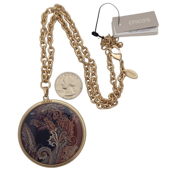 Chicos Paisley Plume Dot Reversible Pendant Gold Tone Chain Necklace 20” L E440 - Picture 2 of 7